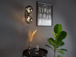 Wandleuchte HONEY 2-flammig Schwarz - Glaskugeln Rauchglas, Höhe 34cm