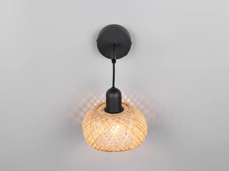 Wandleuchte LEONIE mit Schalter & Korb Lampenschirm aus Bambus, Höhe 30cm