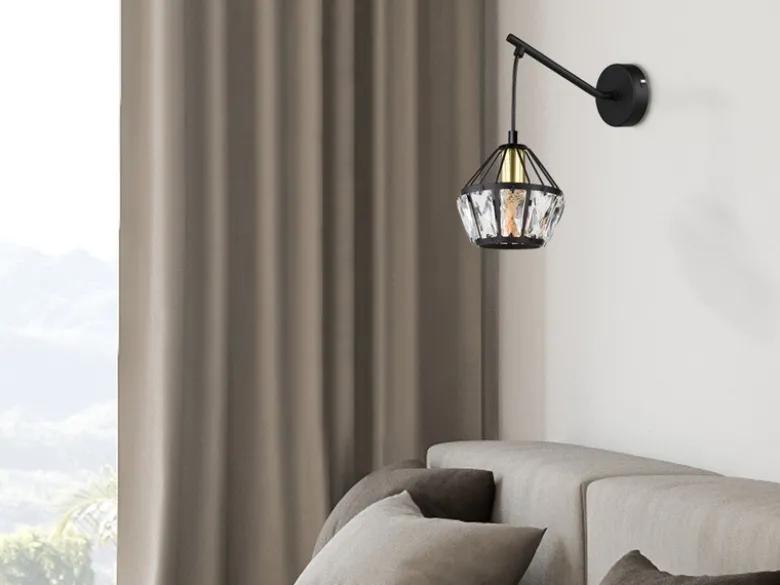 Wandleuchte LOIS mit Glaskristallen Metall Schwarz Gold, Höhe 25cm