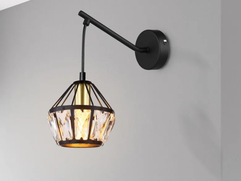 Wandleuchte LOIS mit Glaskristallen Metall Schwarz Gold, Höhe 25cm