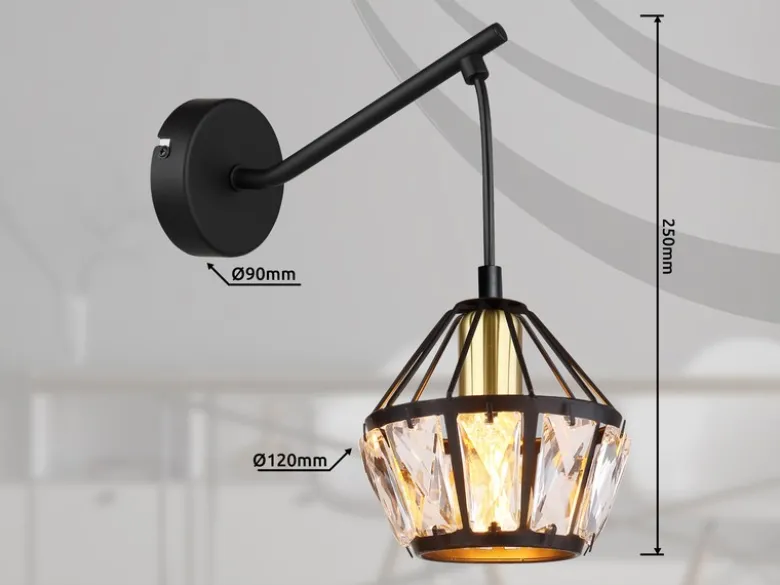 Wandleuchte LOIS mit Glaskristallen Metall Schwarz Gold, Höhe 25cm
