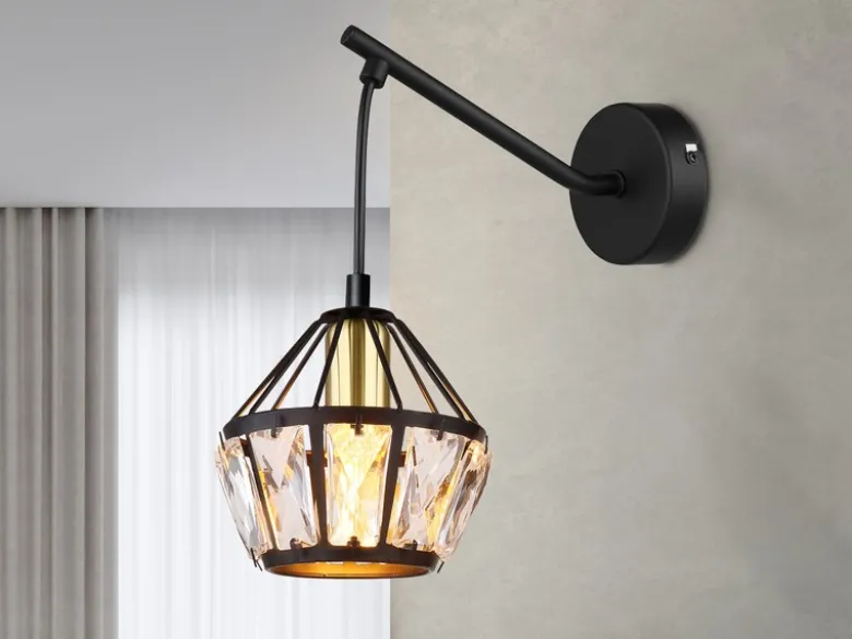 Wandleuchte LOIS mit Glaskristallen Metall Schwarz Gold, Höhe 25cm