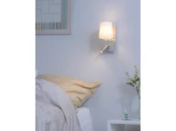 Wandleuchte MARRIOT Silber mit schwenkbarem Leselicht & Stoffschirm Weiß, H:31cm