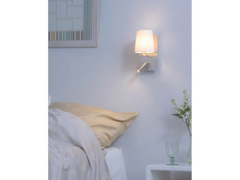 Wandleuchte MARRIOT Silber mit schwenkbarem Leselicht & Stoffschirm Weiß, H:31cm