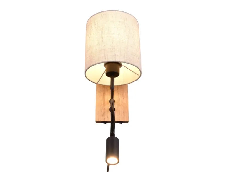 Wandleuchte NILAM mit Leselampe Schalter & Stecker, Holz mit Stoffschirm H: 30cm