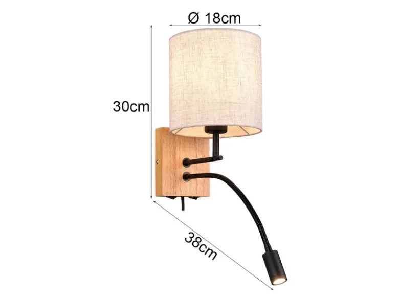 Wandleuchte NILAM mit Leselampe Schalter & Stecker, Holz mit Stoffschirm H: 30cm