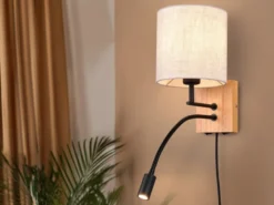 Wandleuchte NILAM mit Leselampe Schalter & Stecker, Holz mit Stoffschirm H: 30cm