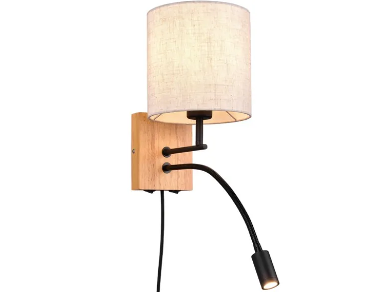 Wandleuchte NILAM mit Leselampe Schalter & Stecker, Holz mit Stoffschirm H: 30cm