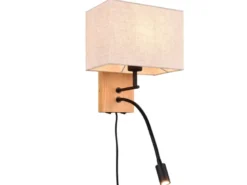Wandleuchte NILAM mit Leselampe Schalter & Stecker, Holz mit Stoffschirm H: 30cm