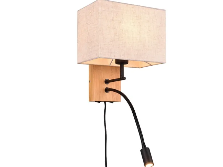 Wandleuchte NILAM mit Leselampe Schalter & Stecker, Holz mit Stoffschirm H: 30cm