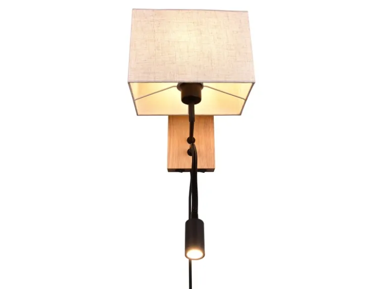 Wandleuchte NILAM mit Leselampe Schalter & Stecker, Holz mit Stoffschirm H: 30cm