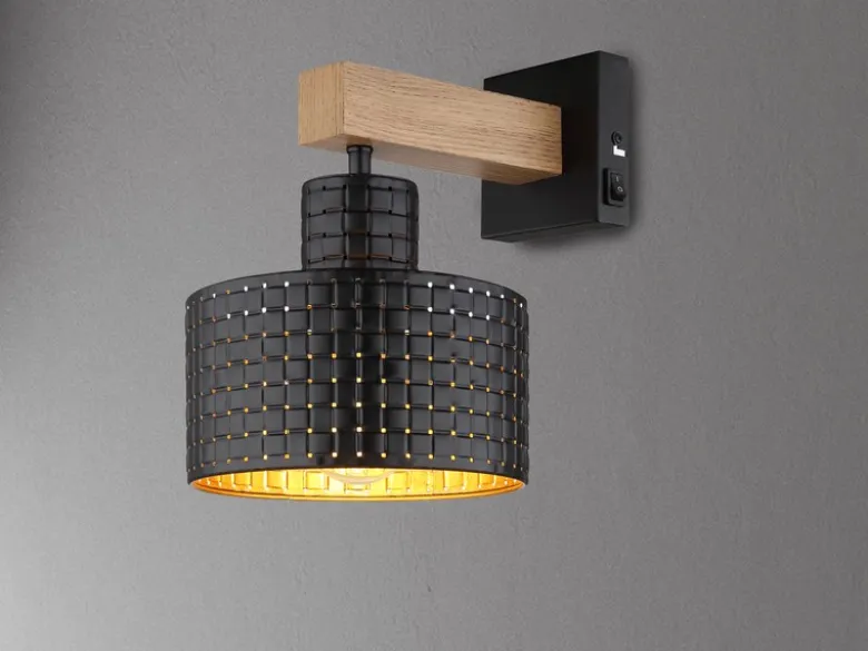 Wandleuchte RIELLY Metall mit Schalter und Stanzmuster Schwarz Gold, Höhe 24,5cm