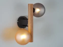 Wandleuchte RIHA aus Holz 2-flammig Glaskugeln Rauchglas & Bernstein, Höhe 32cm