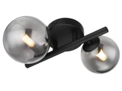 Wandleuchte RIHA Schwarz 2-flammig mit Glaskugeln Rauchglas, Höhe 24cm