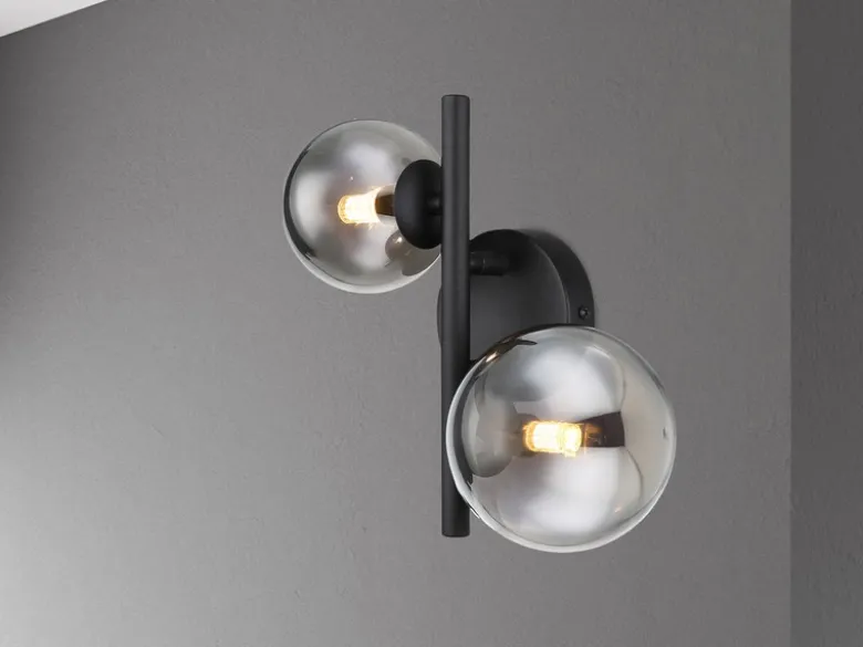 Wandleuchte RIHA Schwarz 2-flammig mit Glaskugeln Rauchglas, Höhe 24cm