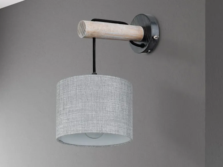 Wandleuchte ROGERS mit Schalter, Holz und Stoffschirm Grau, Höhe 33,5cm