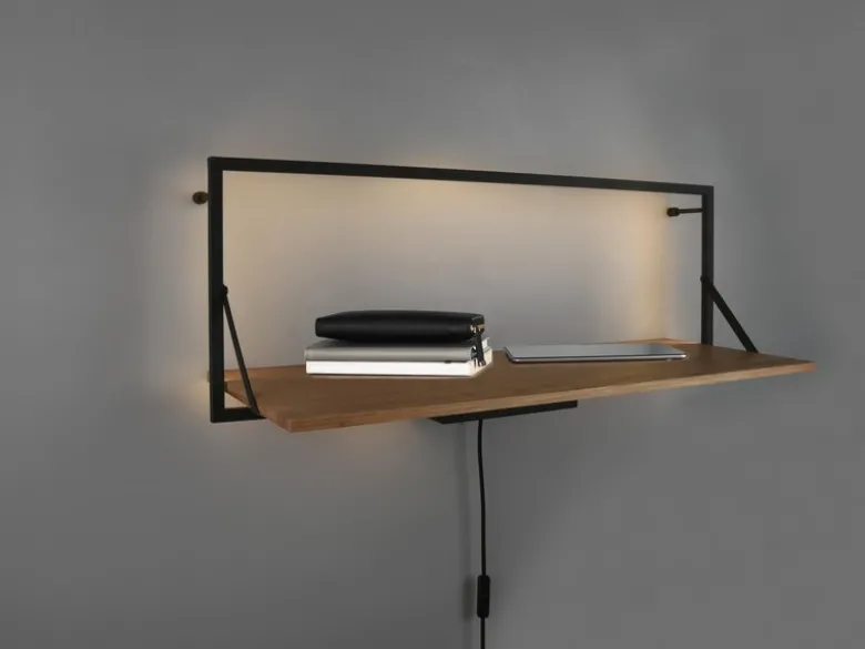 Wandregal LEONIE aus Holz mit LED Beleuchtung Metall Schwarz 90cm breit