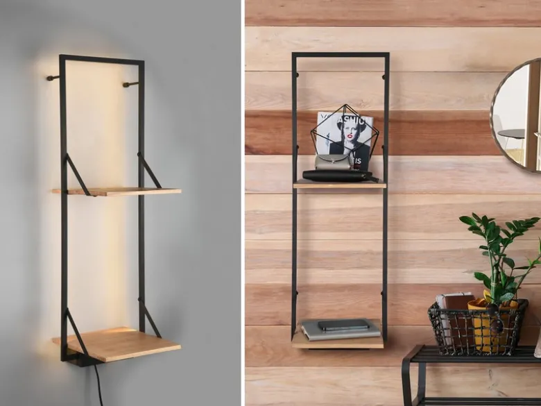 Wandregal LEONIE Holz & Metall Schwarz mit LED Licht 32cm schmal & 72cm hoch