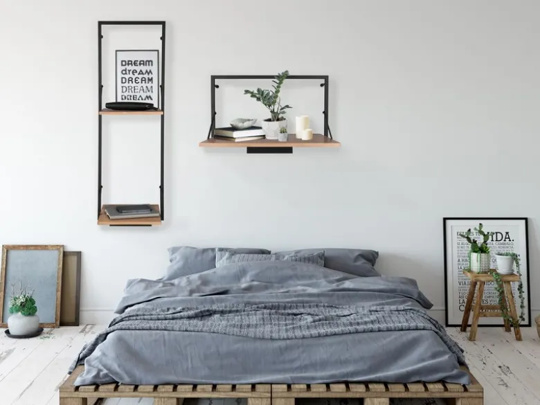 Wandregal LEONIE Holz & Metall Schwarz mit LED Licht 32cm schmal & 72cm hoch