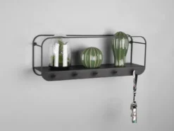 Wandregal LIANDRA aus Metall schwarz & 5 Haken 50x18cm