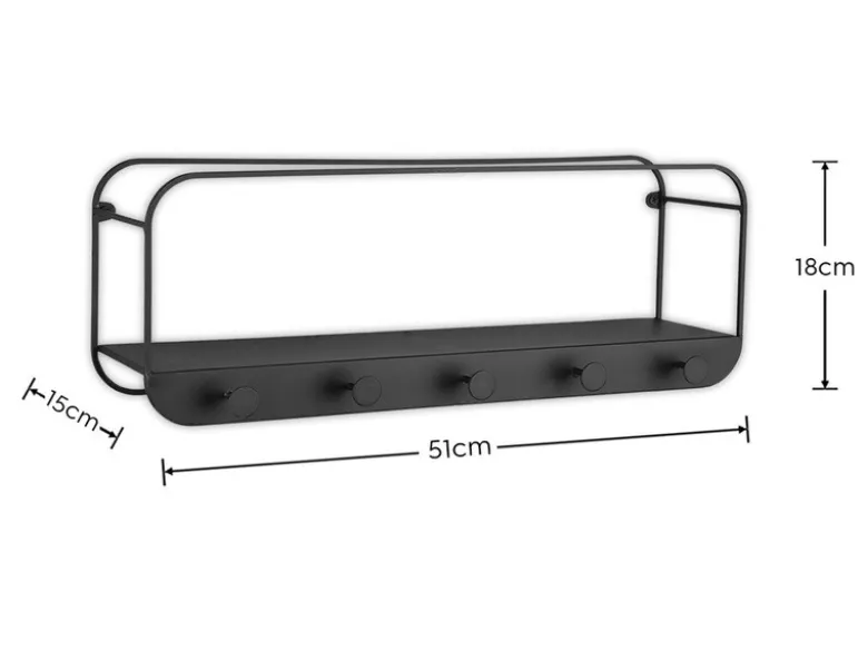 Wandregal LIANDRA aus Metall schwarz & 5 Haken 50x18cm