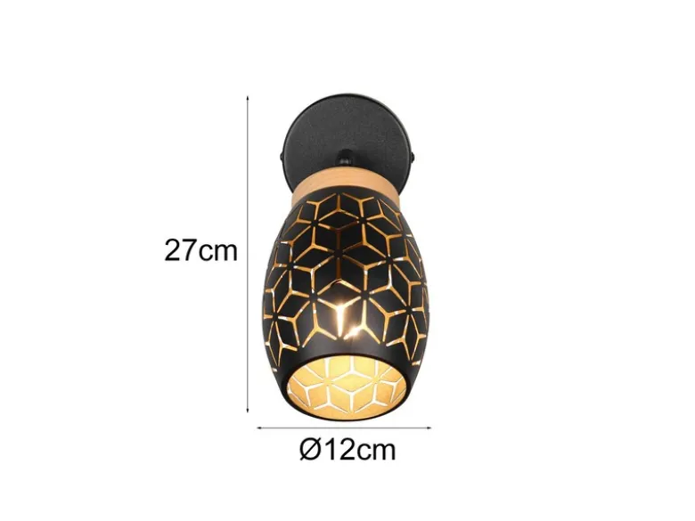 Wandstrahler BIDAR Schwarz Gold mit Schalter & Stanzmuster, Breite 12cm