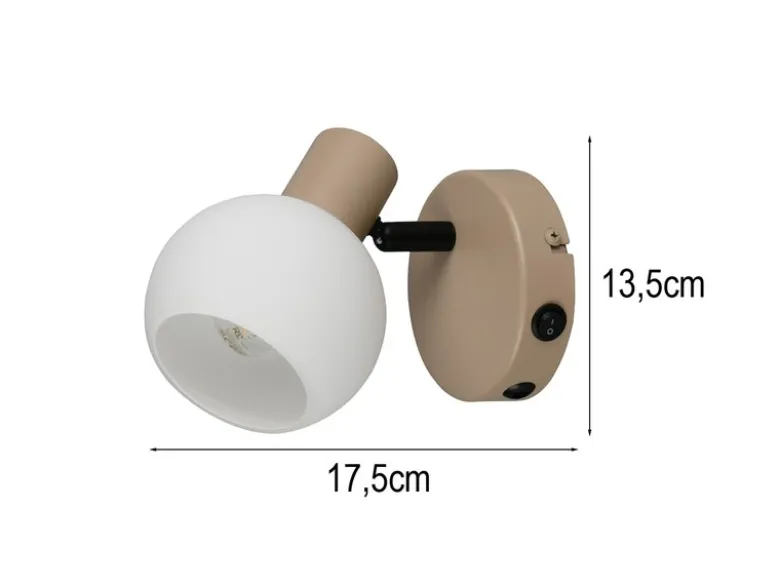 Wandstrahler BOBA mit Schalter aus Metall in Beige und Glasschirm, Höhe 13,5cm