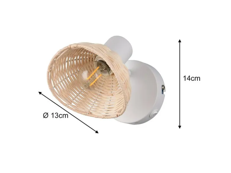 Wandstrahler CALVI mit Schalter & Rattan Lampenschirm, Breite 13cm