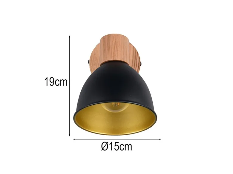 Wandstrahler DELUME aus Metall in Schwarz/Gold & Holzoptik, Höhe 19cm
