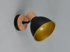 Wandstrahler DELUME aus Metall in Schwarz/Gold & Holzoptik, Höhe 19cm