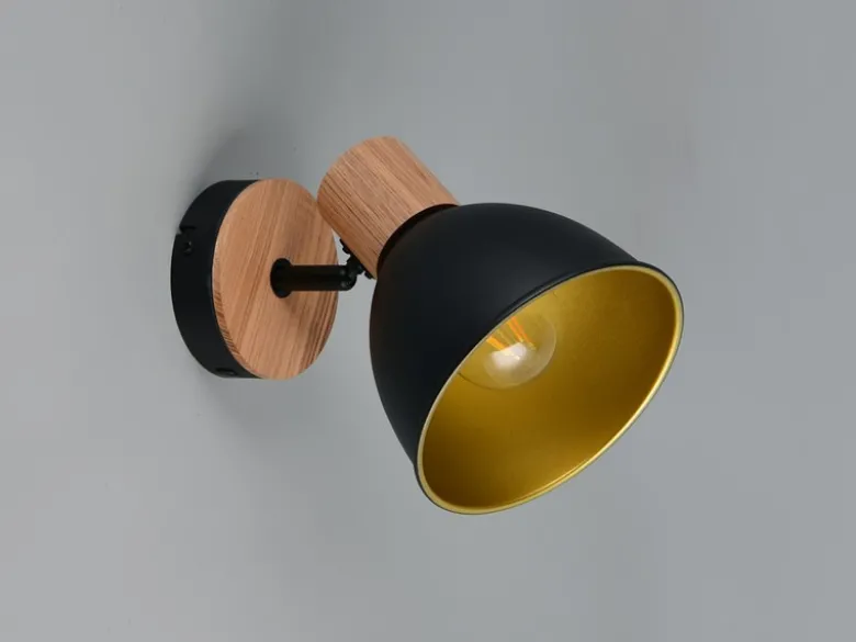 Wandstrahler DELUME aus Metall in Schwarz/Gold & Holzoptik, Höhe 19cm