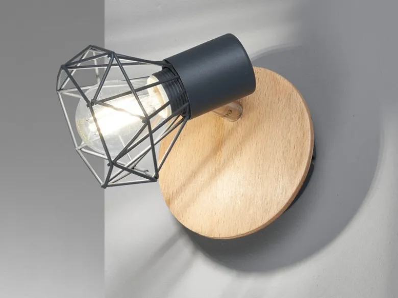 Wandstrahler Gitterlampe RAN Grau / Holz mit Schalter, Breite 11cm