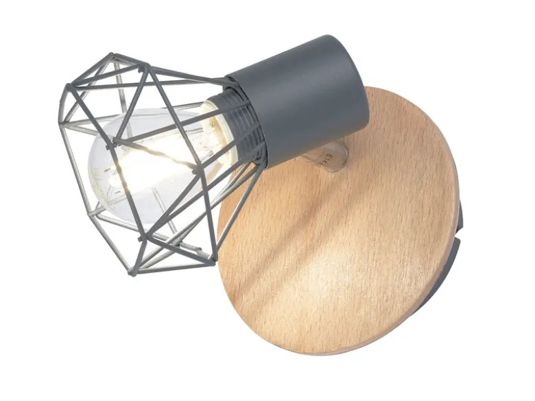 Wandstrahler Gitterlampe RAN Grau / Holz mit Schalter, Breite 11cm