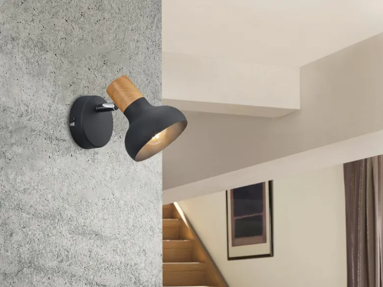 Wandstrahler LATIKA Metall Schwarz mit Holzoptik, Breite 10cm