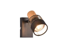 Wandstrahler NANDINI mit Holz & Draht-Stoff Lampenschirm, Breite 7cm