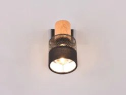Wandstrahler NANDINI mit Holz & Draht-Stoff Lampenschirm, Breite 7cm