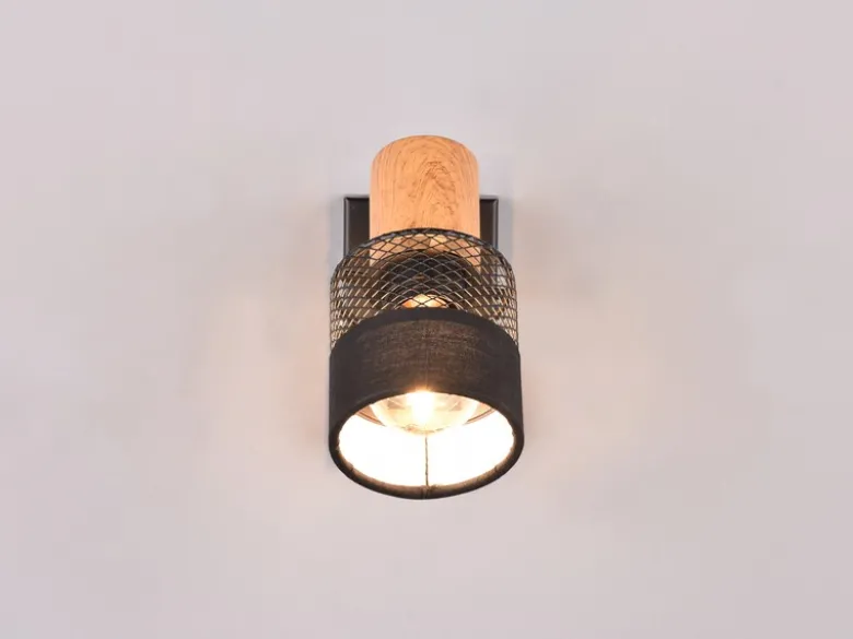 Wandstrahler NANDINI mit Holz & Draht-Stoff Lampenschirm, Breite 7cm