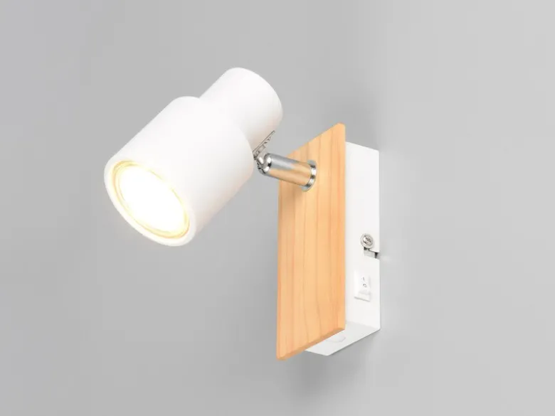 Wandstrahler PIERRE mit Schalter, Metall Weiß & Holz, Breite 6cm