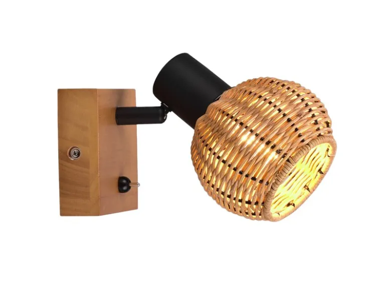 Wandstrahler TAVAR mit Schalter, Holz & Rattan Korbgeflecht, Breite 10,5cm