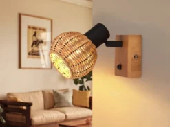 Wandstrahler TAVAR mit Schalter, Holz & Rattan Korbgeflecht, Breite 10,5cm