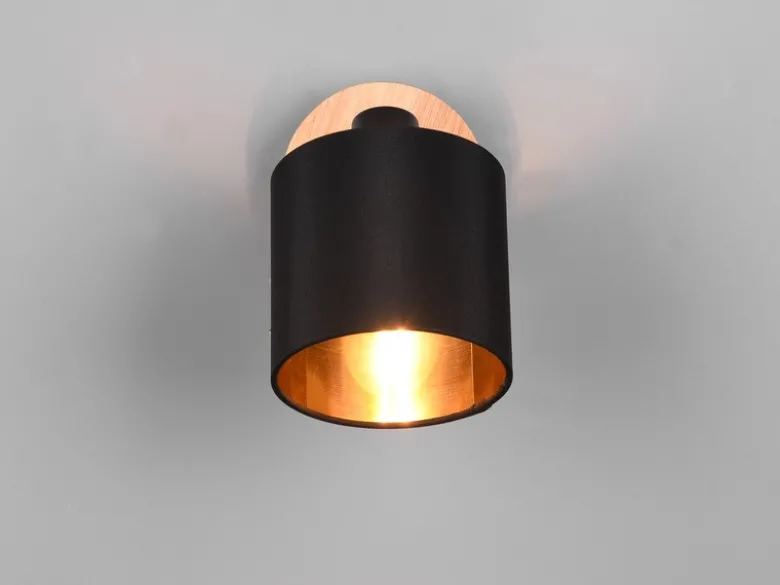 Wandstrahler TOMMY Holz mit Stoffschirm Schwarz / Gold, Breite 12cm