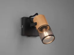 Wandstrahler TOSH mit Schalter, Schwarz mit Holz & Gitterschirm, Breite 9cm