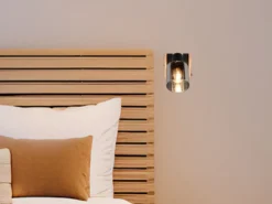 Wandstrahler TRAVIA mit Schalter, Rauchglas Schwarz & Holz, Breite 10cm