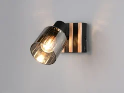 Wandstrahler TRAVIA mit Schalter, Rauchglas Schwarz & Holz, Breite 10cm