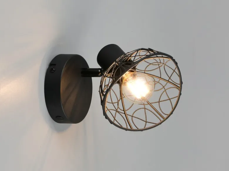 Wandstrahler YAKO Metall Schwarz mit Drahtgeflecht Lampenschirm, Höhe 14cm