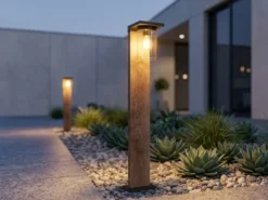 Wegeleuchte ARDILA aus Aluminium Holzoptik mit E27 Glasschirm, Höhe 100cm
