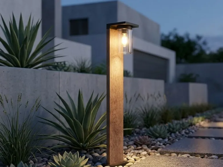 Wegeleuchte aus Aluminium Holzoptik mit E27 LED & Glasschirm, Höhe 100cm