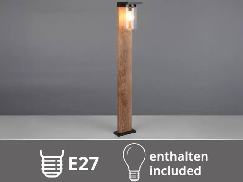 Wegeleuchte aus Aluminium Holzoptik mit E27 LED & Glasschirm, Höhe 100cm