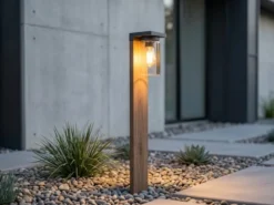 Wegeleuchte aus Aluminium Holzoptik mit E27 LED & Glasschirm, Höhe 100cm