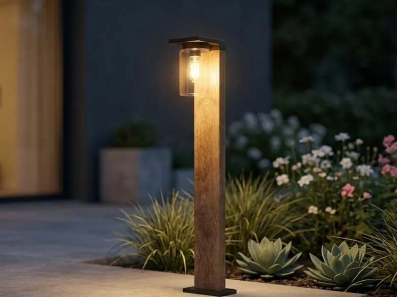 Wegeleuchte aus Aluminium Holzoptik mit E27 LED & Glasschirm, Höhe 100cm